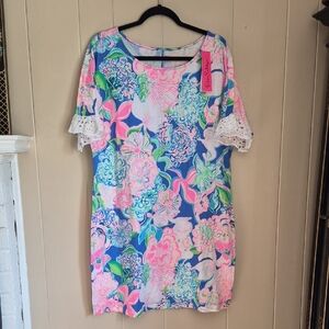 Lilly Pulitizer XL Bright Floral Shift Dress with Eyelet Sleeves NWT